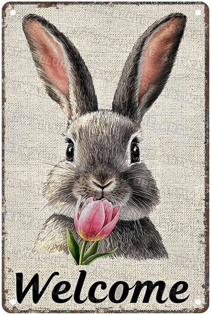 Easter Bunny Tin Sign Retro Tulips - Fun and Metal Sign for Homes Bedrooms Gardens Hallways Parties Spring Decorations 8x12Inch