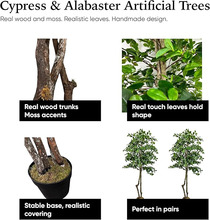 Cypress & Alabaster Handmade 6ft Italian Black Olive Leaf Artificial Tree with Ethically Sourced Real Wood Trunks, Hypoallergenic, 6-Foot, Green