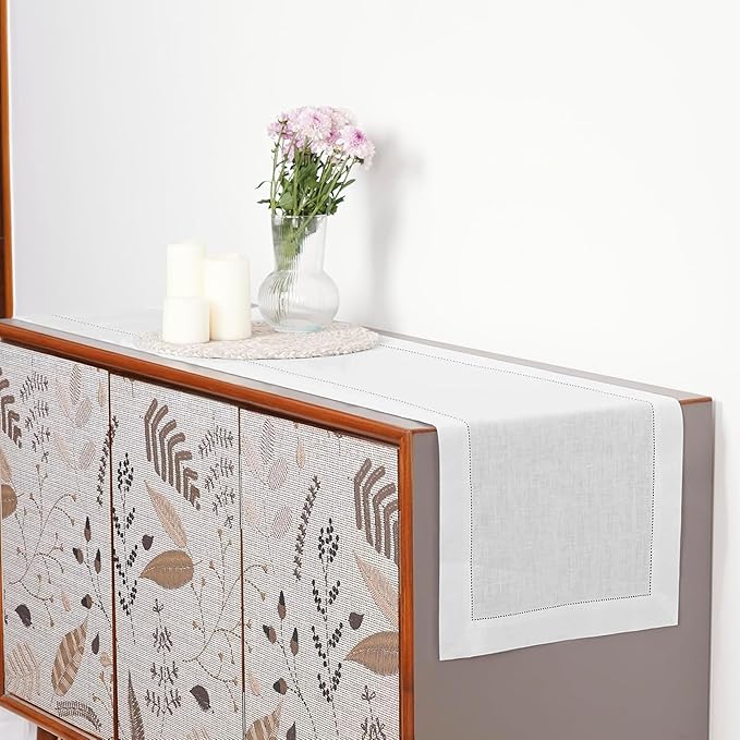 D'Moksha Homes Linen White Table Runner 36 Inches - 100% Pure Linen Small Table Runner 14 x 36 Inch Ideal for Dresser, Coffee Tables, Christmas - Classic Hemstitch
