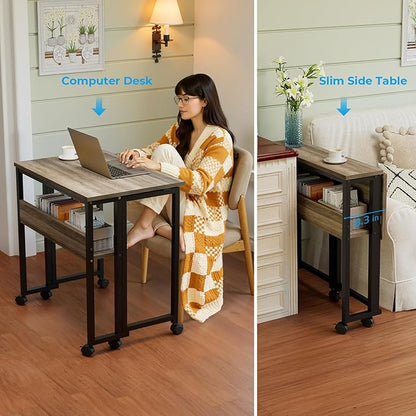 GreenForest Folding Desk Small Rolling Desk with Storage Shelf,31.5 inch Foldable Computer Desk with Wheels for Small Space,Easy Assembly,Grey Wash