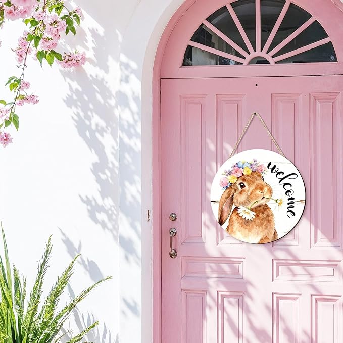 Kercan Easter Decor Door Sign, Religious Easter Decorations for Home, Spring Welcome Sign for Front Door, Bunnies Wood Signs, Bunny Egg Decor Wood Hanging Sign Gifts