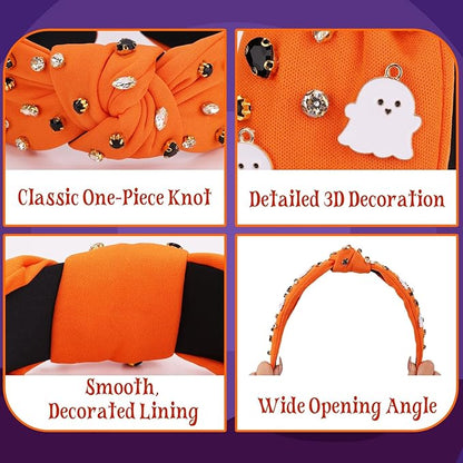 Halloween Headbands for Women, Orange Ghost Rhinestone Wide Jeweled Knotted Headband, Crystal Beaded Jeweled Top Knot Embellished Headband Hair Accessories Halloween Birthday Gift
