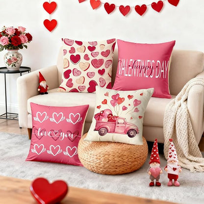 Valentines Day Decorations-Valentine Pillow Covers 18x18 Set of 4, Pink Hearts Love You Happy Valentine's Day Throw Outdoor Pillow Covers Anniversary Wedding Cushion Case for Home Sofa Couch Décor