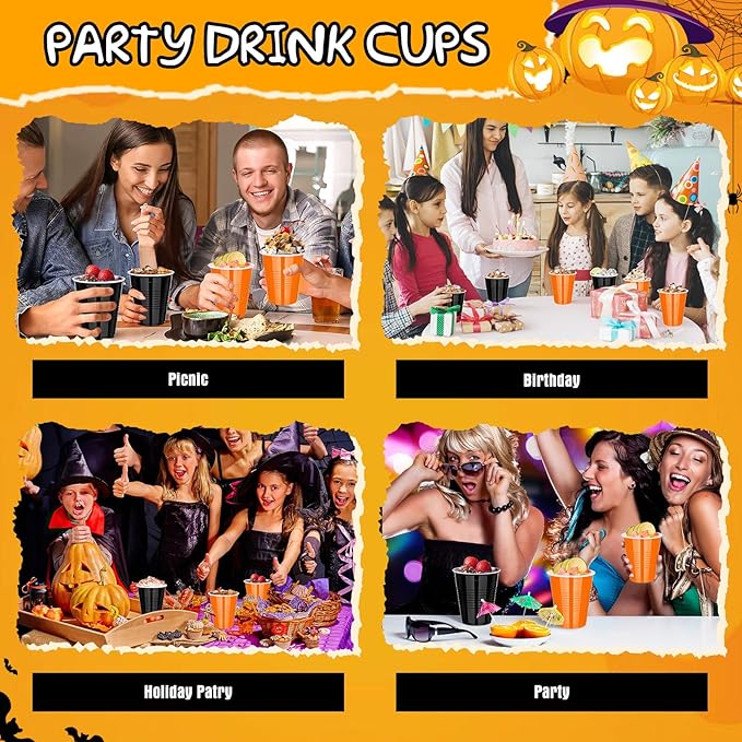 KesaPlan 100 PCS 12 OZ Halloween Fall Plastic Cups for Party, Disposable Black & Orange Cups, Graduation Drinking Cup Bulk for Snack Juice, Halloween Thanksgiving Wedding Birthday Theme Party