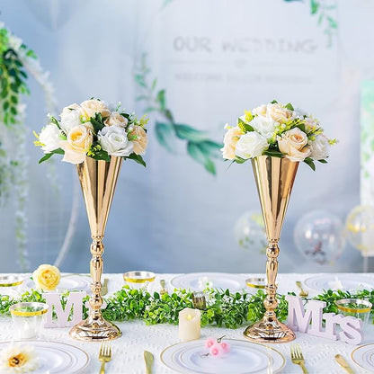Gold Vase Centerpiece Table Decorations - 2 Pcs Metal Tabletop Flower Stand, Wedding Decorations for Reception, 16.5in Trumpet Tall Flower Vase for Birthday, Weddings, Anniversary Ceremony, Home Decor