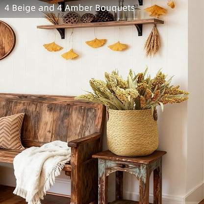 KBREE 16" Artificial Fall Grain Bundles for Thanksgiving Decoration, 4 Packs Rustic Harvest Sheaves with Aged Leaves, Faux Grain Bouquets for Thanksgiving Table Centerpiece, Farmhouse Decor (Beige)