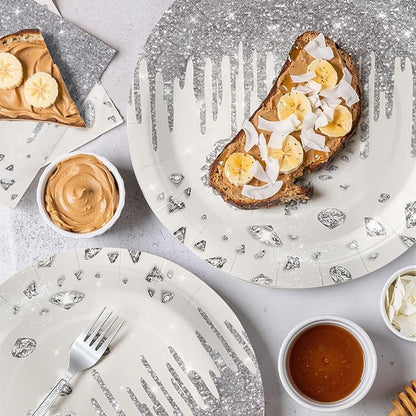 96pcs Disposable Glitter Diamonds Tableware Set Silver Paper Plates Round for 24 Guests Party Table Supplies Kids Birthday Party Picnic Wedding (Include Plates, Forks and Napkins)