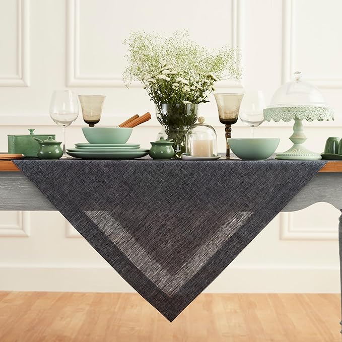 Solino Home Linen Square Tablecloth 52 x 52 Inch - 100% Pure Linen Charcoal Grey Table Throw - Athena, Machine Washable Tablecloth for Fall, Autumn, Winter