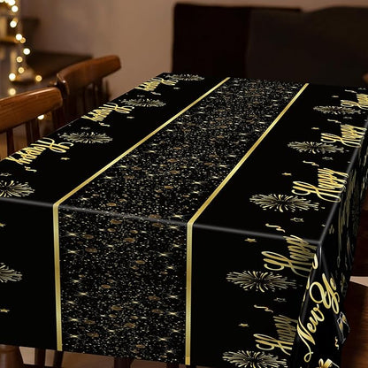 3 Pcs New Years Tablecloth, 108 x 54 Inches Disposable Plastic NYE Table Cover 2026, Rectangle New Years Eve Tablecloth with Black Gold Firework Design, Waterproof Table Cover for Nye Party Supplies