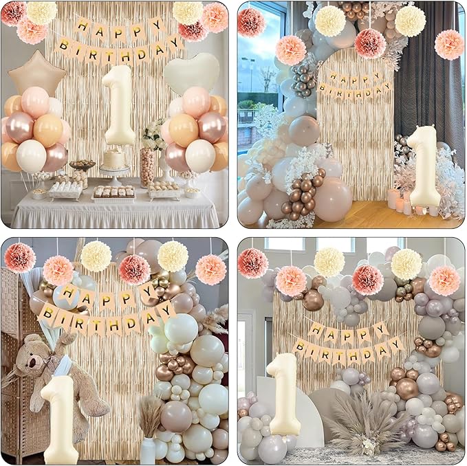 Beige 1st Birthday Decorations Cream Number 1 Balloon Nude Gold Happy Birthday Banner Fringe Curtain Paper Pom Poms Blush White Sand Champagne Star Foil Balloons Neutral Boho Party Decor