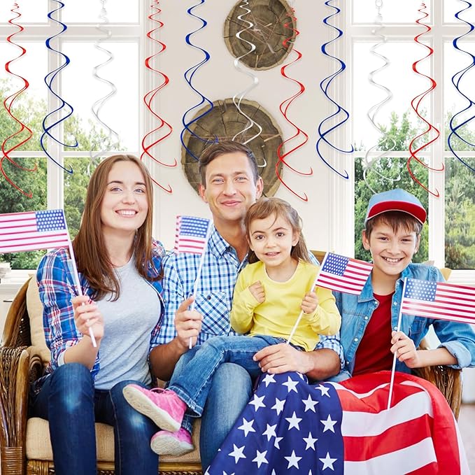 30 pcs Hanging Swirl Decorations Plastic Streamer Ceiling Swirls Party Decorations for 4th of July, Patriot Day, Veterans Day (Blue Red Sliver)