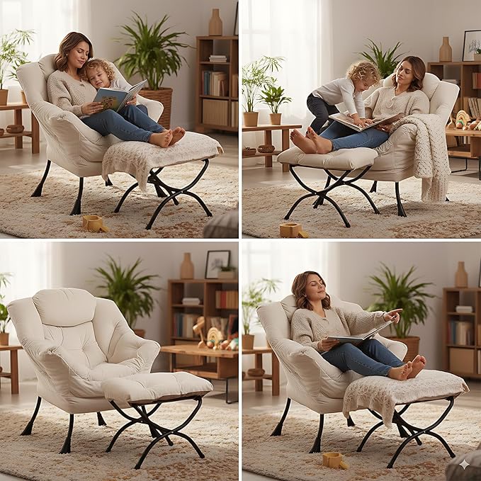 LITA Lazy Chair with Ottoman, Modern Accent Leisure Upholstered Sofa Chair, Contemporary Lounge Reading Chairs with Armrests and a Side Pocket for Living Room, Bedroom & Small Space, Beige