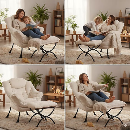 LITA Lazy Chair with Ottoman, Modern Accent Leisure Upholstered Sofa Chair, Contemporary Lounge Reading Chairs with Armrests and a Side Pocket for Living Room, Bedroom & Small Space, Beige