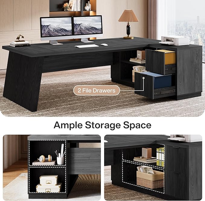 Tribesigns 78" L Shaped Desk with Drawers, Lage Office Desk with Storage Shelves, Modern Corner Computer Desk for Home Office (Gray and Black)