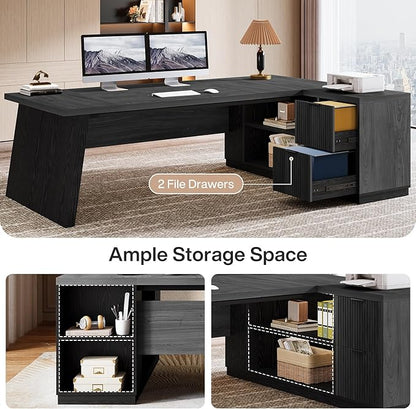Tribesigns 78" L Shaped Desk with Drawers, Lage Office Desk with Storage Shelves, Modern Corner Computer Desk for Home Office (Gray and Black)