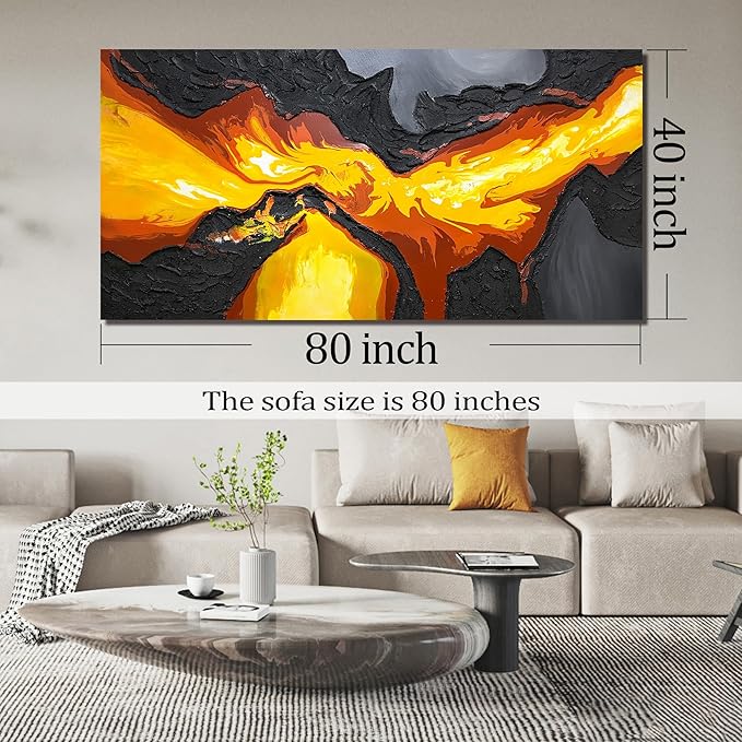 GUGIKA Extra Large Abstract Wall Art for Living Room, Hand Painted 3D Textured Magma Paintings, Black and Gold Yellow Volcanic Lava Canvas Wall-Decor for Bedroom, Size 80x40 Inches