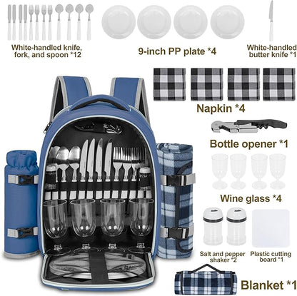 Picnic Backpack for 4 Persons with Insulated Leakproof Cooler Compartment, Cutlery Sets, Wine Holder, Fleece Blanket, Wedding Gifts for Couples, Perfect for Beach, Camping, Hiking, Blue