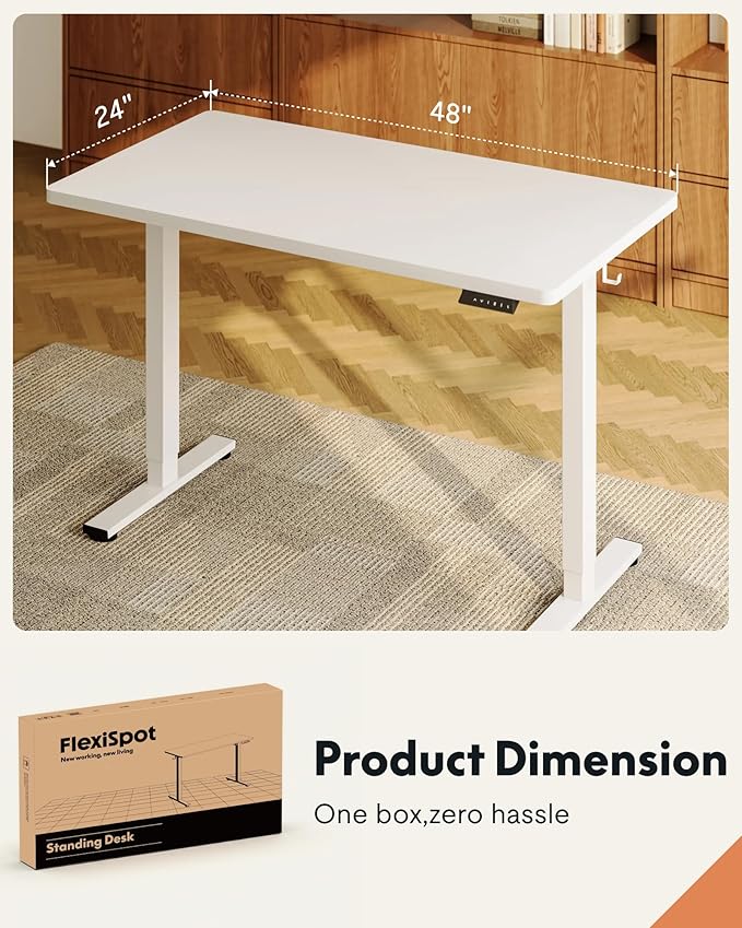 FLEXISPOT EN1 One-Piece Standing Desk, 48"x24" Seamless Desktop Electric Height Adjustable for Home Office, Study Rooms & Multi-Device Workstations, White(White Frame)