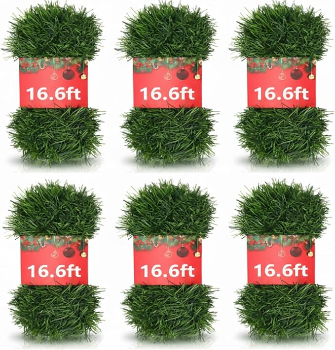 100 ft Green Christmas Garland Decorations Artificial Greenery 3.5" Wide Pine Garland PVC Soft Christmas Decorations for Indoor Outdoor Tree Stair Banister Fireplaces, 6 Pcs, 16.6 ft Each