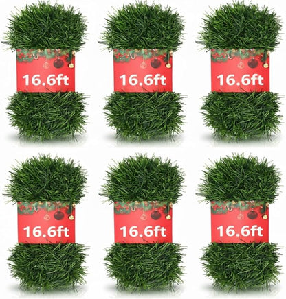 100 ft Green Christmas Garland Decorations Artificial Greenery 3.5" Wide Pine Garland PVC Soft Christmas Decorations for Indoor Outdoor Tree Stair Banister Fireplaces, 6 Pcs, 16.6 ft Each