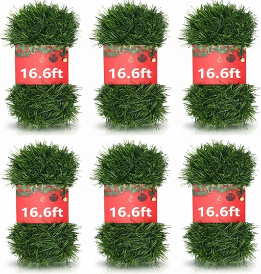 100 ft Green Christmas Garland Decorations Artificial Greenery 3.5" Wide Pine Garland PVC Soft Christmas Decorations for Indoor Outdoor Tree Stair Banister Fireplaces, 6 Pcs, 16.6 ft Each