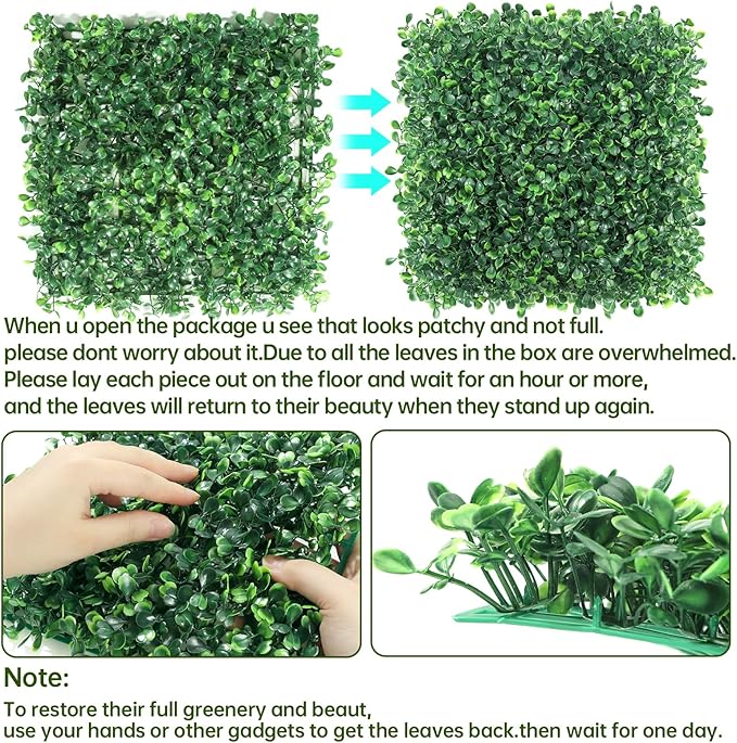 ZXMOTO 10" x 10" Artificial Boxwood Hedge Panels 24PCS Faux Greenery Wall Privacy Hedge Screen, Grass Wall Decoration Faux Greenery Wall Panel for Indoor Outdoor Garden Backyard Home Decor