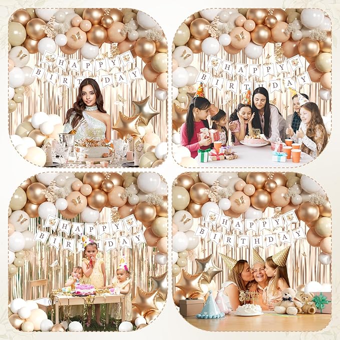 Beige Cream and Neutral Boho Birthday Party Decorations with Happy Birthday Banner, Beige Apricot Champagne Gold Balloons, Sash, Fringe Curtain, Cake Topper, Butterfly for Women Girls Party Supplies