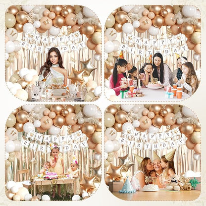 Beige Cream and Neutral Boho Birthday Party Decorations with Happy Birthday Banner, Beige Apricot Champagne Gold Balloons, Sash, Fringe Curtain, Cake Topper, Butterfly for Women Girls Party Supplies