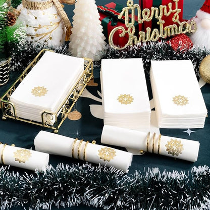 50 Pack Christmas Snowflake Paper Napkins - Cloth-like Christmas Disposable Hand Towels, Gold Premium Quality Xmas Dinner Napkin for Home Kitchen Table Bathroom Holiday Decor