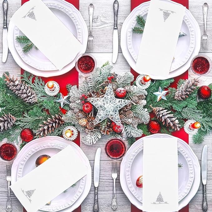 100PCS Christmas Paper Napkins - Silver Christmas Tree Napkin with Built-in Flatware Pocket Prefolded Cloth-Like - Heavy-duty Linen-Feel Dinner Napkins Disposable for Xmas Tableware Decor