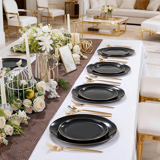 I00000 200 PCS Black and Gold Plates for 100 Guests Include: 10.25 inch 100 Dinner Plate and 7.5 inch 100 Plastic Dessert Plate, Premium Halloween Plastic Plates Perfect for Party Halloween