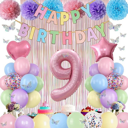 Pastel 9th Birthday Party Decorations for Girls Number 9 Balloon Happy Birthday Banner Butterfly Stickers Fringe Curtain Paper Pom Poms Macaron Pink Star Heart Foil Colorful Balloons 9 Year Old Decor