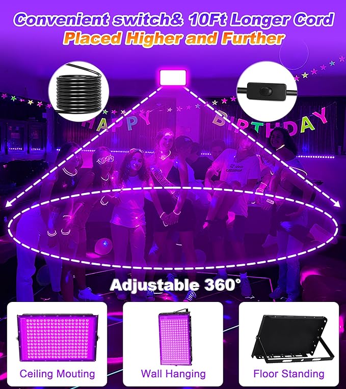 200W LED Black Light, IP66 Blacklight Lamp Flood Light with Swith & Plug, Small Outdoor Blacklight Floodlight for Halloween, Glow Party, Fluorescent Poster, Display, Body Paint, Stage, 2 Pack