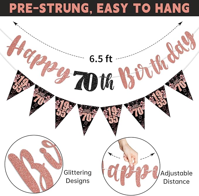 70th Birthday Decorations for Women, Black Rose Gold Happy 70th Birthday Banner Hanging Swirls Vintage 1955 Decorations Kit Cheers to 70 Party Supplies
