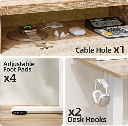 TIQLAB Standing Desk with Two Drawers, Stand Up Standing Desk Adjustable Height, Electric Sit Stand Table with Storage Shelf and Splice Board, 55 * 24 inch, Maple