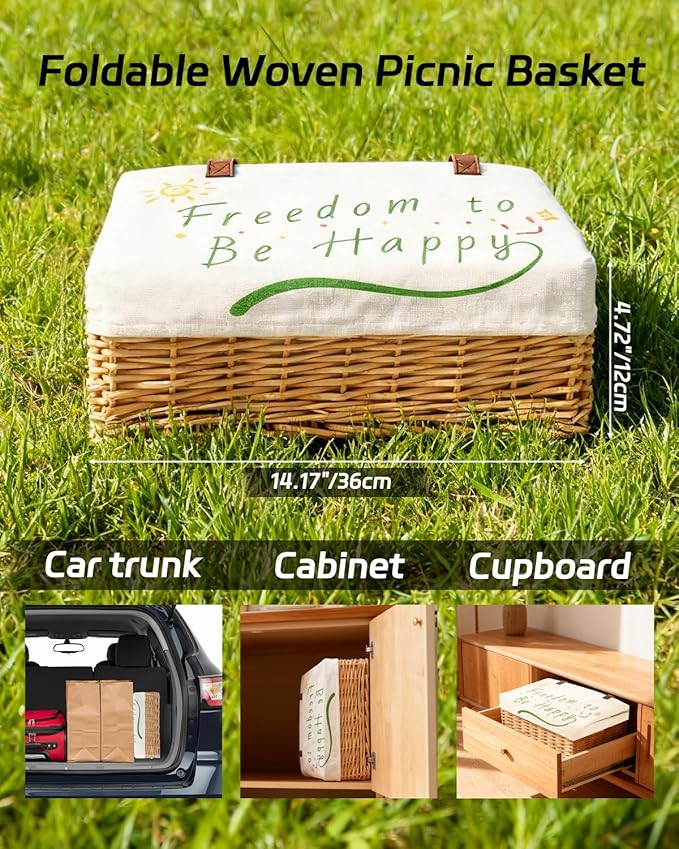 Insulated Picnic Basket Wicker Picnic Basket with 23.7L Canvas and Willow Folding Collapsible Shopping Baskets with Drawstring Closure, Insulated Waterproof Lining for Camping,Wedding Gifts