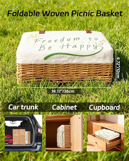 Insulated Picnic Basket Wicker Picnic Basket with 23.7L Canvas and Willow Folding Collapsible Shopping Baskets with Drawstring Closure, Insulated Waterproof Lining for Camping,Wedding Gifts