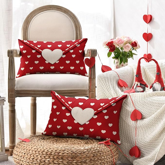 AVOIN colorlife Valentine's Day Envelope Throw Pillow Cover, 12 x 20 Inch White Heart Red Anniversary Wedding Cushion Case Decoration for Sofa Couch Set of 2