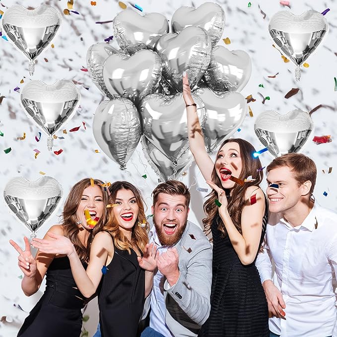 Silver Heart Foil Balloons, 10PCS 18Inch Mylar Balloons for Birthday, Valentine, Wedding, Baby, Graduation, New Year Party Decor