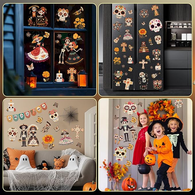 Dia de Los Muertos Decorations, Day of The Dead Window Clings, Halloween Window Stickers, Mexican Fiesta Party Decor, Sugar Skull Skeleton Musical Decals, 9 Sheets