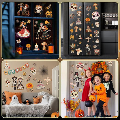 Dia de Los Muertos Decorations, Day of The Dead Window Clings, Halloween Window Stickers, Mexican Fiesta Party Decor, Sugar Skull Skeleton Musical Decals, 9 Sheets