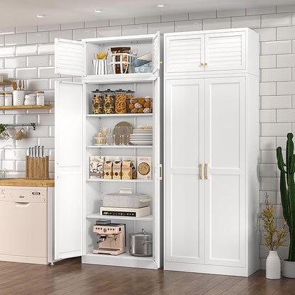 Kitchen Pantry Cabinet, 86 Inch Tall Metal Storage Cabinet, Metal Pantry cabinets with Doors and Shelves, White Storage Cabinets for Living, Dining, Office, Bathroom, Garage, Assembly Required