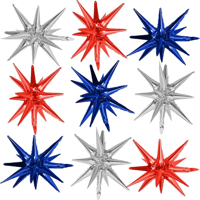 Red Blue Silver Star Balloons,9Pcs 22Inch Blue Red Silver Explosion Spike Cone Helium Star Foil Balloons for 4th of July Independence Birthday Anniversary Usa Patriotic Party Decorations