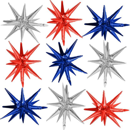 Red Blue Silver Star Balloons,9Pcs 22Inch Blue Red Silver Explosion Spike Cone Helium Star Foil Balloons for 4th of July Independence Birthday Anniversary Usa Patriotic Party Decorations