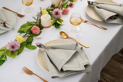 D'Moksha Homes Silver Grey Linen Napkins Set of 4 - Classic Hemstitch 100% Pure Linen Dinner Napkins Cloth 20 x 20 Inch for Winter, Christmas, Holiday - Handcrafted and Machine Washable