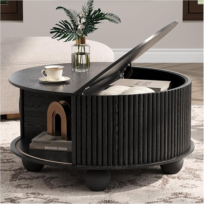 Black Round Coffee Table with Storage, 31.5" Fluted Drum Center Table with Sliding Door, Modern Farmhouse Wood Circle Table with Bun Feet for Living Room