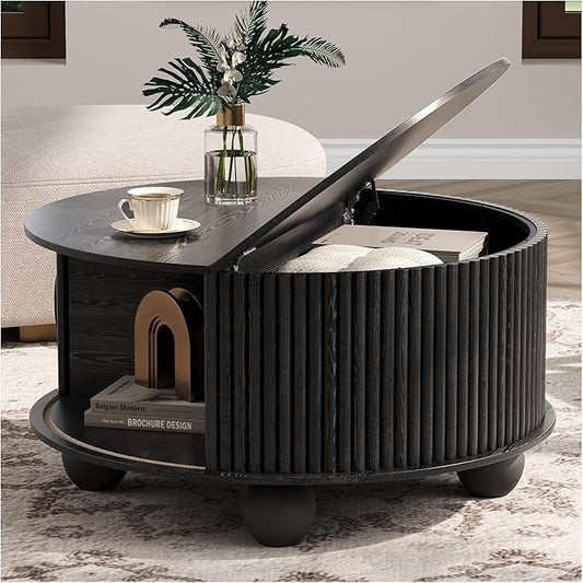 Black Round Coffee Table with Storage, 31.5" Fluted Drum Center Table with Sliding Door, Modern Farmhouse Wood Circle Table with Bun Feet for Living Room