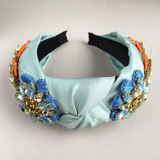 Yusier Baroque Rhinestone Crystal Headband, Robin's Egg Blue - Women's Hair Accessories, Hair Hoop, Exquisite Embroidered Hairband, Satin Fabric, Comfortable Fit, Ideal for Travel, Party, Home, Work