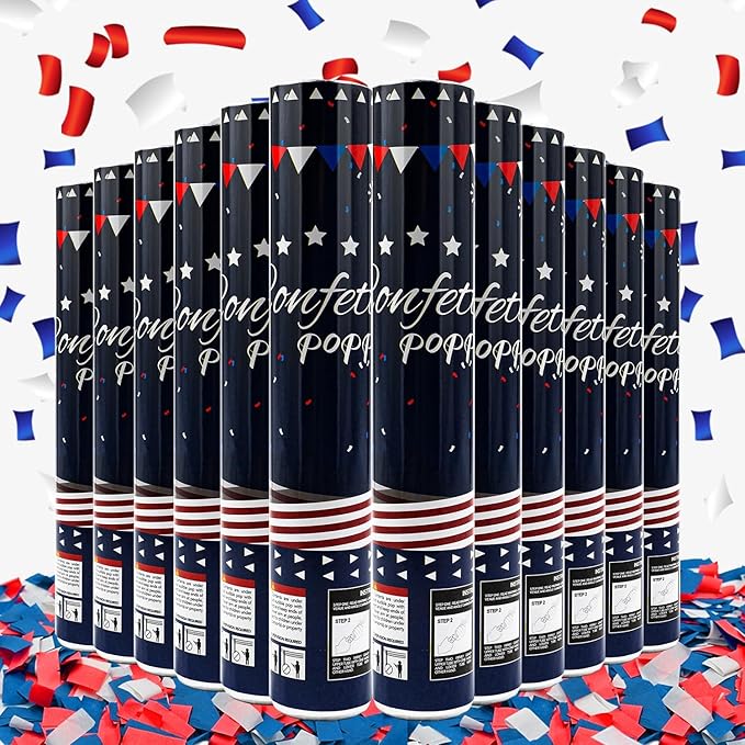 Confetti Cannon 12 Pack Party Poppers 4th of July Patriotic Confetti Poppers for July 4th Decor Biodegradable Poppers Red White Blue Independence Day Confetti Shooter for Celebration Party Decorations