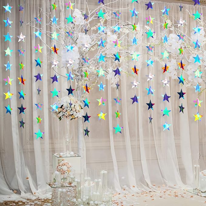 Patelai Glitter Star Garland Banner Christmas Decor 130 Feet Star Hanging Bunting Banner Twinkle Backdrop for Homecoming Classroom Wedding Birthday Halloween Party Supplies(Holographic Iridescent)